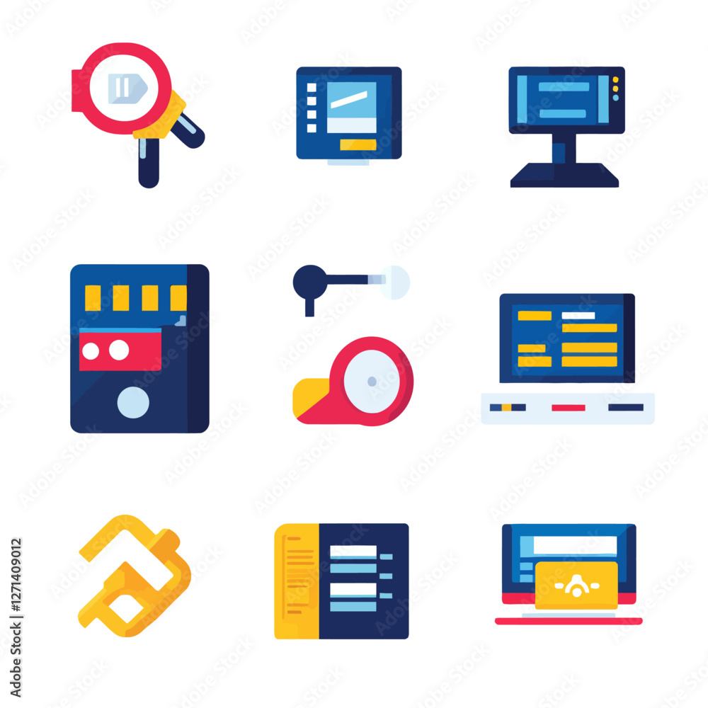 Poster collection of technology icons representing various concepts, tech design