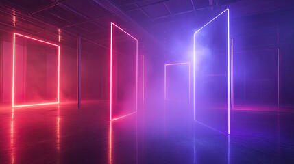 Neon Light Frames in a Foggy Artistic Space with Creative Atmosphere