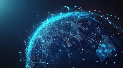 Blockchain technology futuristic hud background with world globe and blockchain polygon peer to peer network. Global cryptocurrency fintech business and finance banner concept. Low poly design.