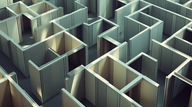 Explore the intricate maze of office cubicles symbolizing confusion and lost direction in workplace environments. Generative AI