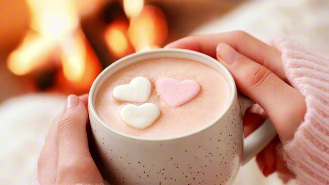 Woman wearing a cozy sweater enjoying a mug of hot chocolate with heart shaped marshmallows in front of a fireplace