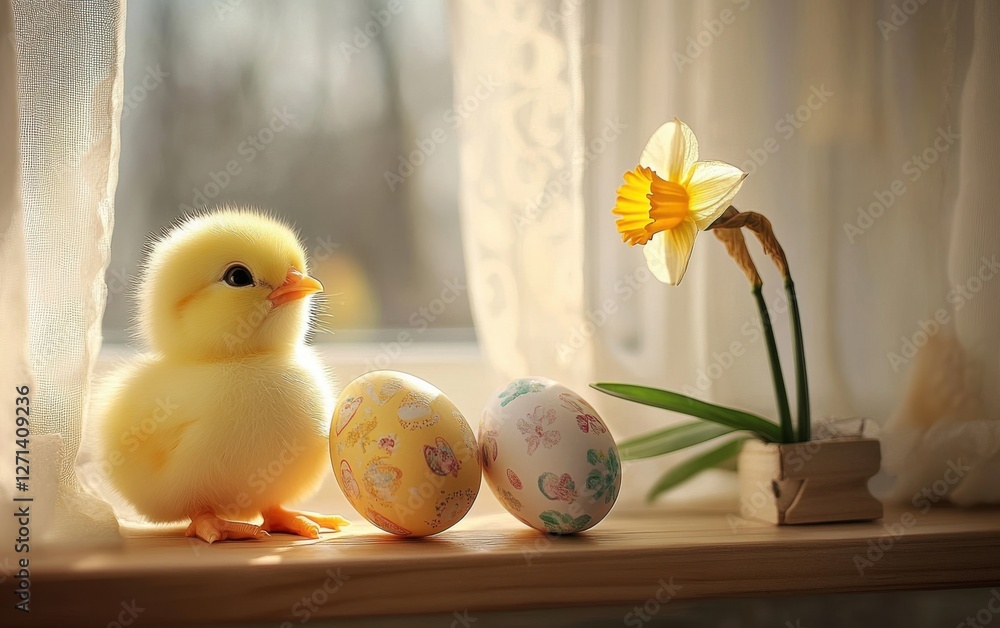 Aufkleber a yellow chick sits on a windowsill, next to an easter egg decorated with floral patterns and a daff