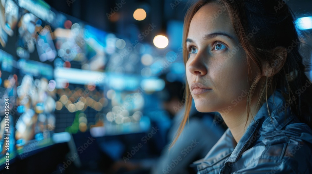 Poster In a dimly lit control room, a young woman intently observes various screens filled with complex data. Her concentration highlights the importance of her task in this advanced environment.