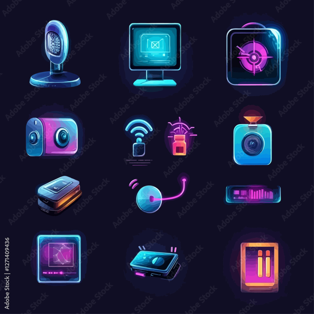 Poster neon technology icons displaying computer, camera, and communication tools.