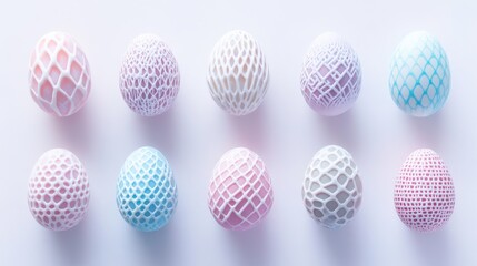 Fototapeta premium Pastel colored eggs with intricate geometric patterns on white background