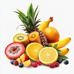 A vibrant arrangement of assorted fruits including pineapple, banana, kiwi, and citrus, perfect for health and nutrition themes.
