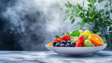 Naklejka premium Fresh fruits and berries in a bowl on a marble table with a grey background and blue-green plants. Vibrant and nutritious food composition highlighting healthy eating and natural ingredients in a clos