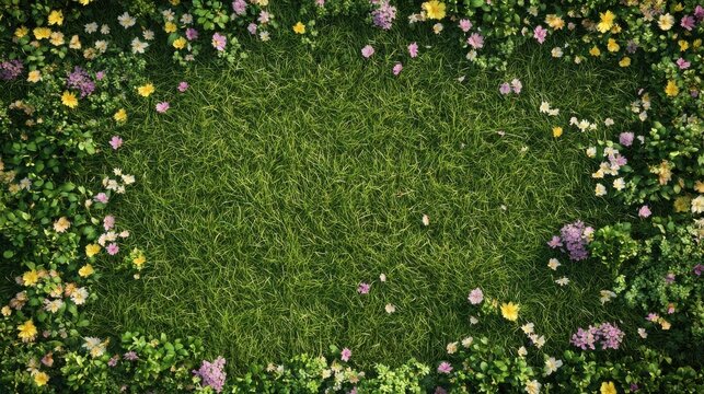 Top view of a lush green grass field with vibrant wildflowers scattered across, perfect for spring and summer designs.