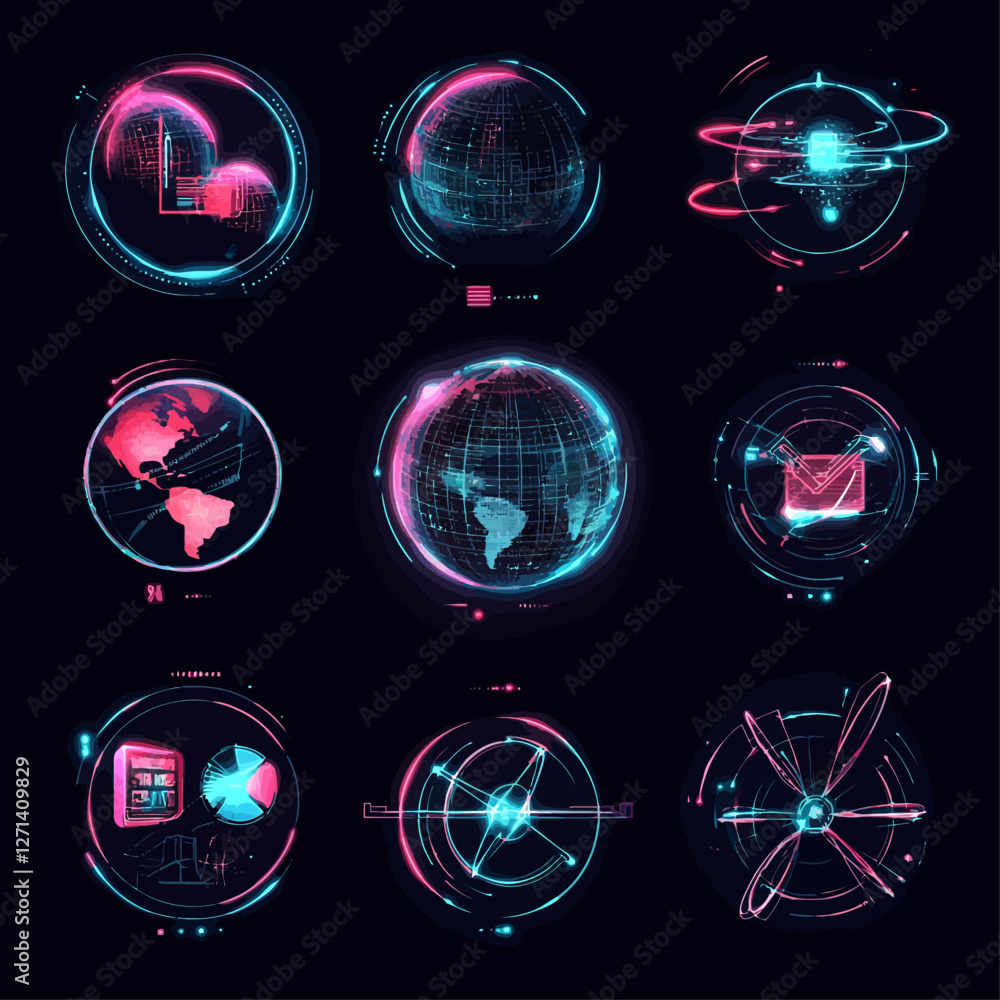 Poster neon globe grid with digital tech elements - global data network