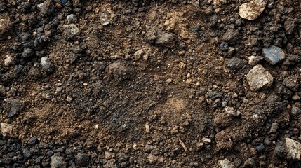 Close-up Texture of Dark Soil with Stones and Gravel