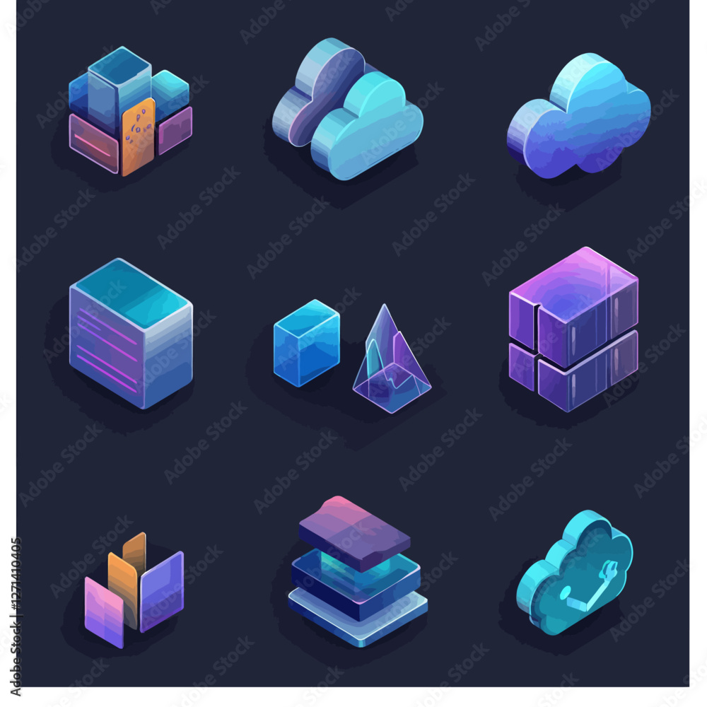 Poster isometric cloud computing network storage and data management icons