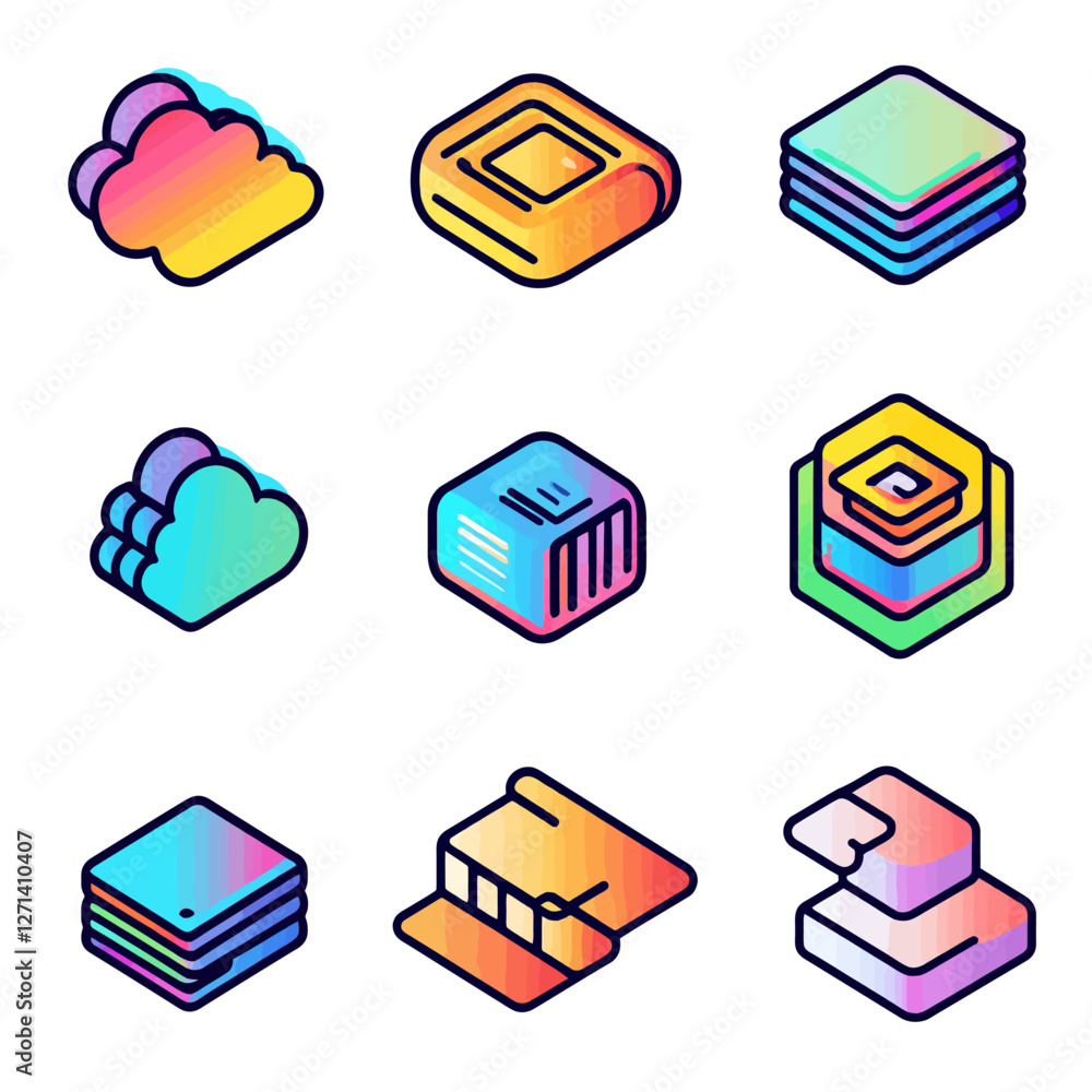 Poster isometric icons with gradient fill on a white background design asset