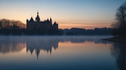 Obraz premium Fairytale Castle Reflected in a Tranquil Lake at Dawn
