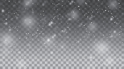 Falling snow overlay with varying sizes of white snowflakes and particles on transparent background. Seamless realistic falling snow or snowflakes.