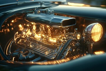 Golden light illuminates the chromed parts of a powerful engine placed under the hood of a vintage car, creating a captivating scene of automotive beauty and power