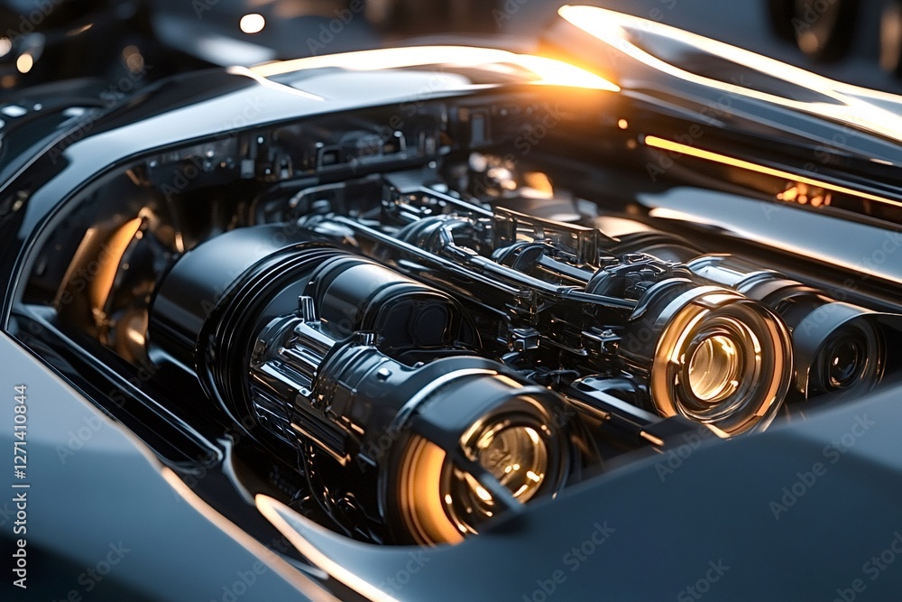 Poster complex futuristic engine with glowing elements is demonstrating advanced technology and innovation 
