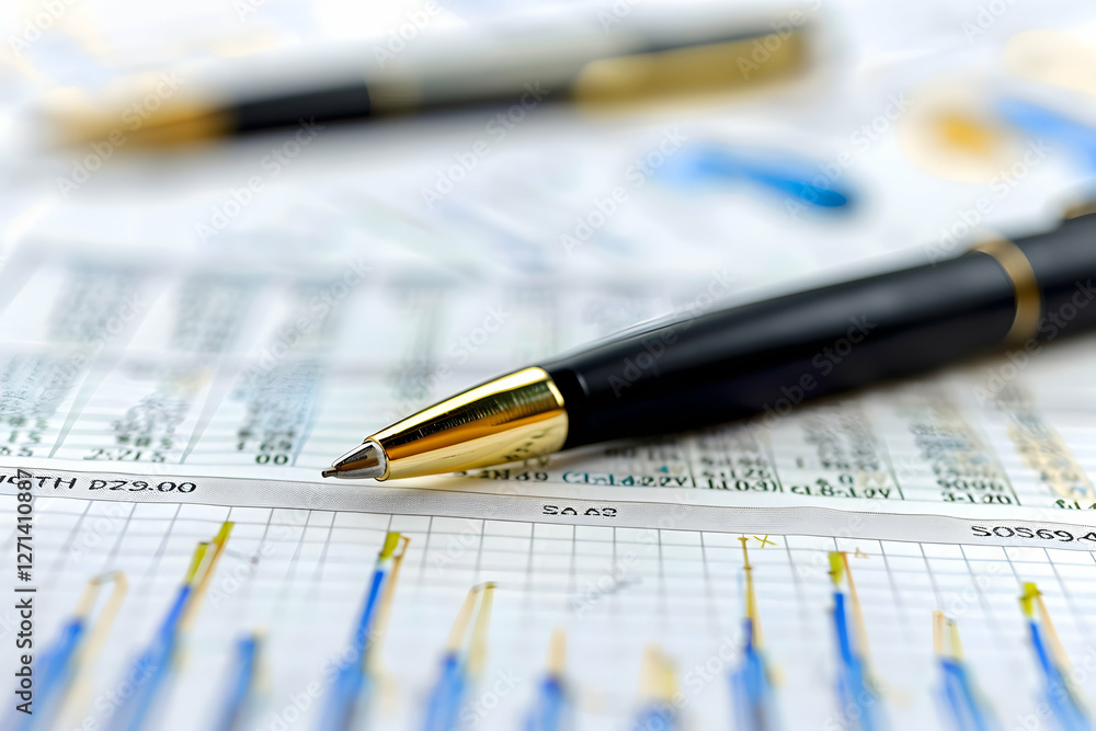 Poster close-up of a luxury pen resting on financial documents with graphs and data in the background