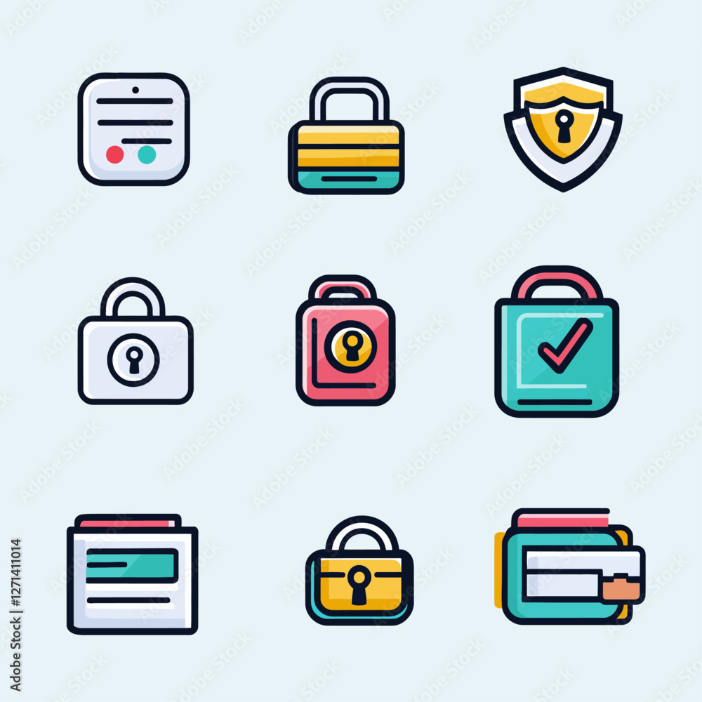 Poster security icons set protecting data privacy and finance with lock symbol