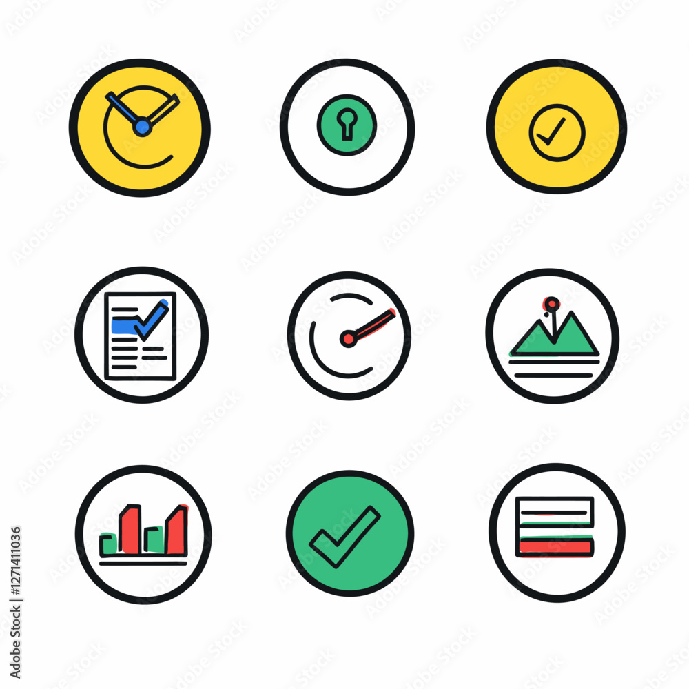 Poster business progress and performance metrics visualized in icon set