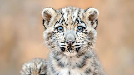 Fototapeta premium Snow leopard cub portrait, zoo enclosure, blurred background, wildlife conservation