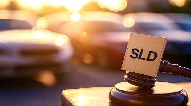 Judge hammer is showing sld sign in front of blurred cars during sunset, symbolizing specific learning disability legal cases, car accidents and insurance claims