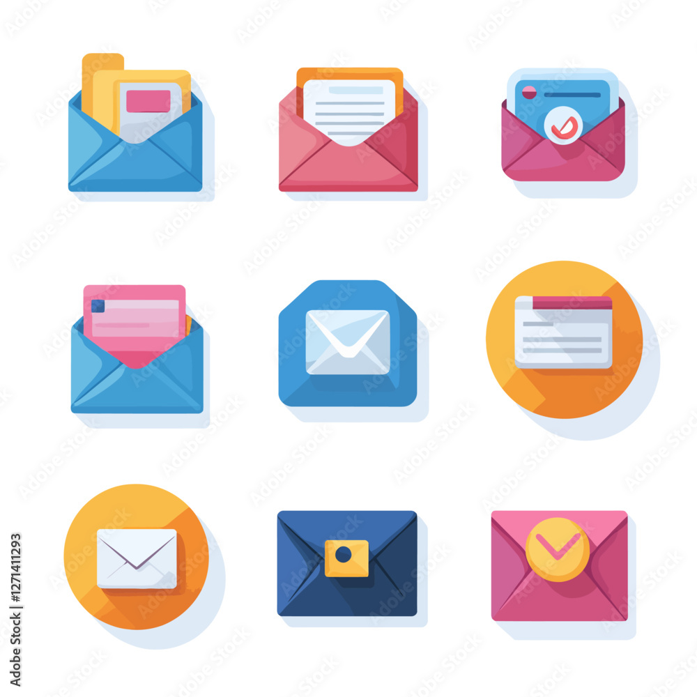 Poster email icons set with notification, message, and inbox symbols design