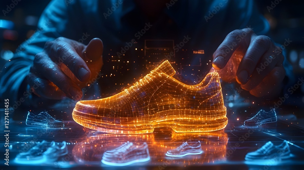 Poster rotating holographic 3d shoe model display in futuristic digital design studio with energetic lighti