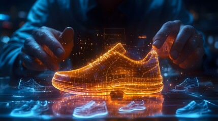 Rotating Holographic 3D Shoe Model Display in Futuristic Digital Design Studio with Energetic Lighting Effects and Dynamic Visuals