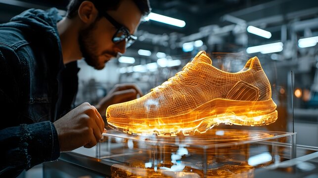 Close up view of a fashion designer or engineer rotating and examining a holographic 3D model of a shoe in a modern high tech workshop or studio environment