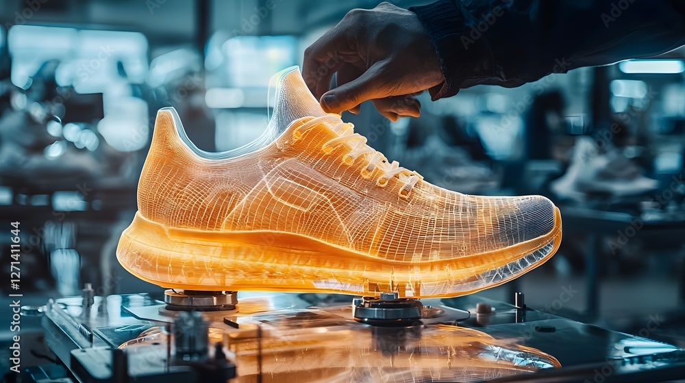 Poster close up view of a designer rotating and interacting with a holographic 3d model of a shoe using fut