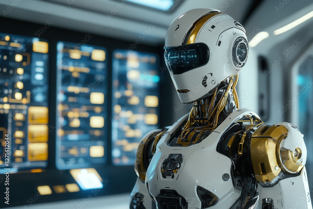 Poster advanced humanoid robot in a control center . a robot stands in front of a computer screen, showcasi