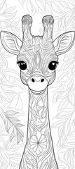 Cute cartoon-style simple line art black-and-white coloring page of a baby giraffe,