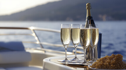 Charming champagne and caviar service on motor yacht, showcasing elegance and luxury against serene backdrop. Perfect for celebrations and special moments
