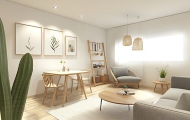 A living room with white walls, wooden furniture, and pastel color accents