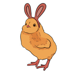 Cute cartoon funny yellow chick chicken, with bunny rabbit ears. Illustration isolated on a transparent background