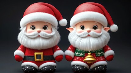 Obraz premium Two adorable Santa figurines with cheerful expressions dressed in red festive outfits on dark background