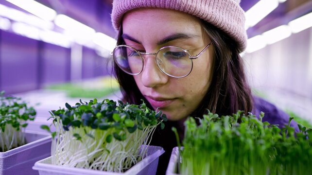 Woman Smells Fresh Sprouts in a Vertical Farm. A young woman with glasses and a beanie carefully inspects and smells trays of fresh, vibrant green microgreens growing inside a modern vertical farm.