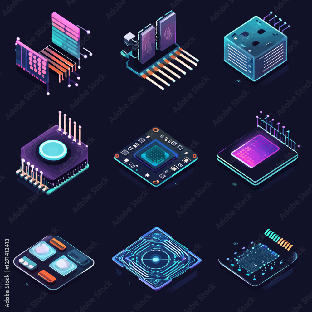 Poster isometric microchips array in neon colors for tech and futuristic designs