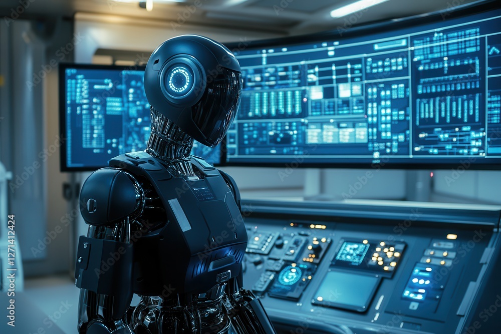 Poster advanced humanoid robot in a control center . a robot stands in front of a computer screen, showcasi