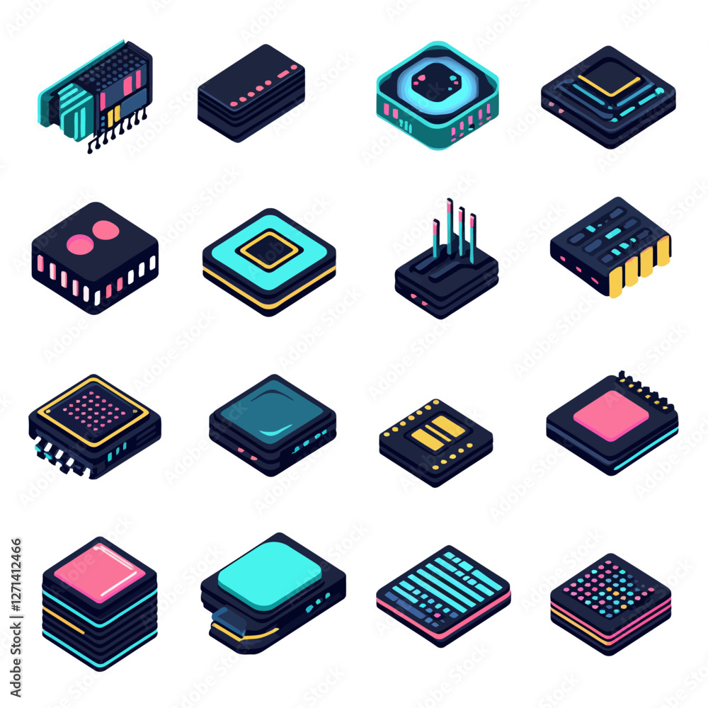 Poster Isometric Microchip Set: Semiconductor Technology Components Collection
