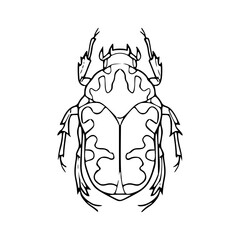 a black and white drawing of a majestic scarab beetle, vector graphic for nature design