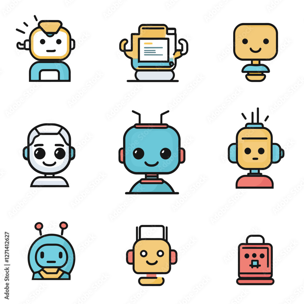 Poster diverse robot head icons set, artificial intelligence technology, and robotics