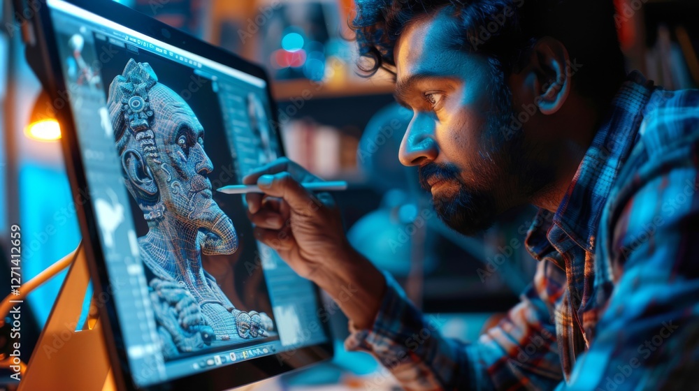 Poster An artist focused on a vibrant workspace is using a stylus to meticulously design a detailed 3D humanoid character on a computer monitor. The atmosphere is illuminated with various lights.