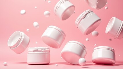 White cosmetic cream jars falling and accumulating on pink background, beauty product advertisement