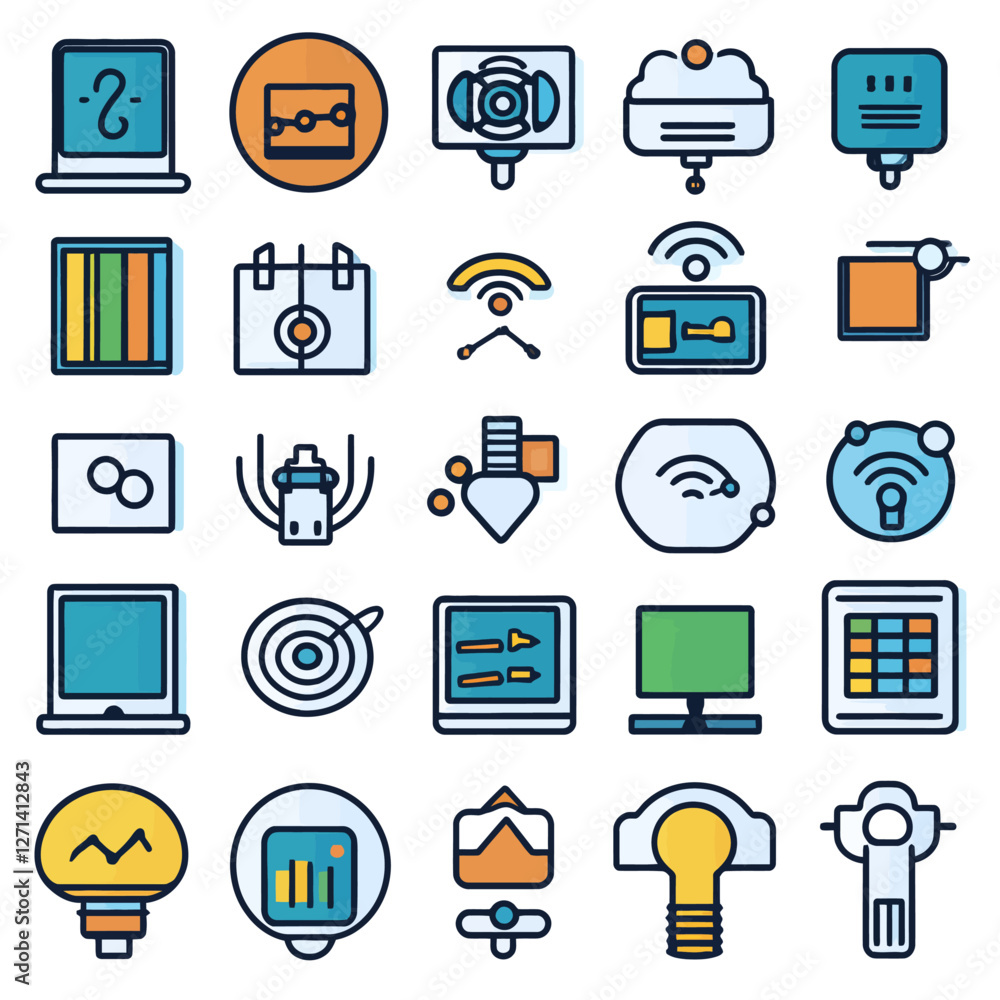 Poster Set of various line vector icons, representing modern digital concepts