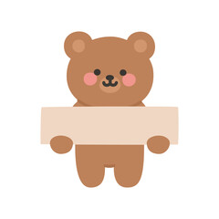Cute Korean Bear Holding a Blank Rectangular Signboard in a Minimalist Cartoon Style