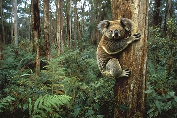 Koala clinging to a eucalyptus tree in a dense Australian forest.