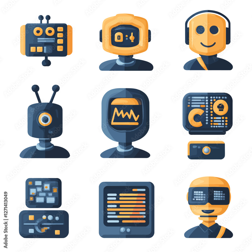 Poster cartoon robots with retro computer interfaces and tech displays vector