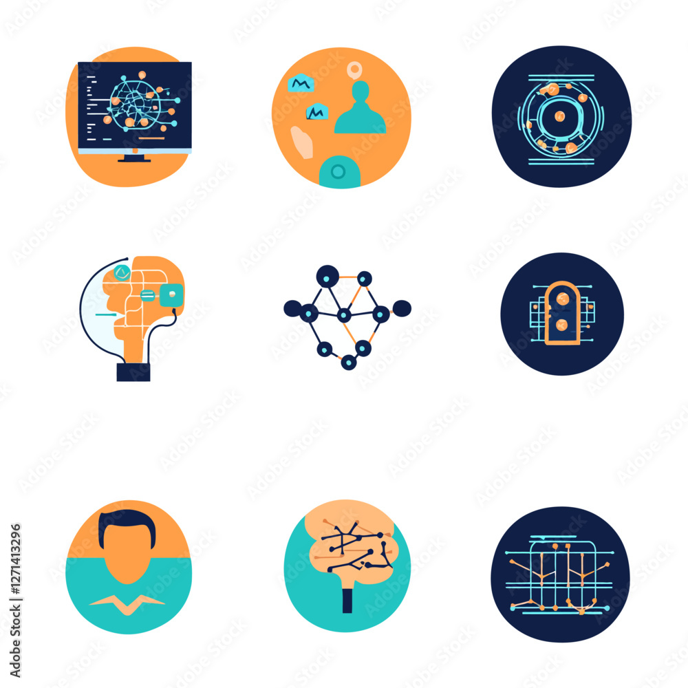 Poster ai neural networks and machine learning technologies icon set for innovation