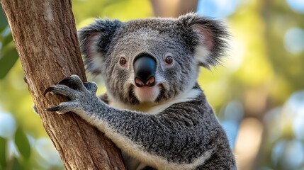 Obraz premium Koala clinging to a eucalyptus tree in a dense Australian forest.